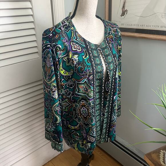 Joan Rivers Jacket Womens XL Green Paisley Slinky Knit Retro Bohemian Travel - Picture 3 of 8
